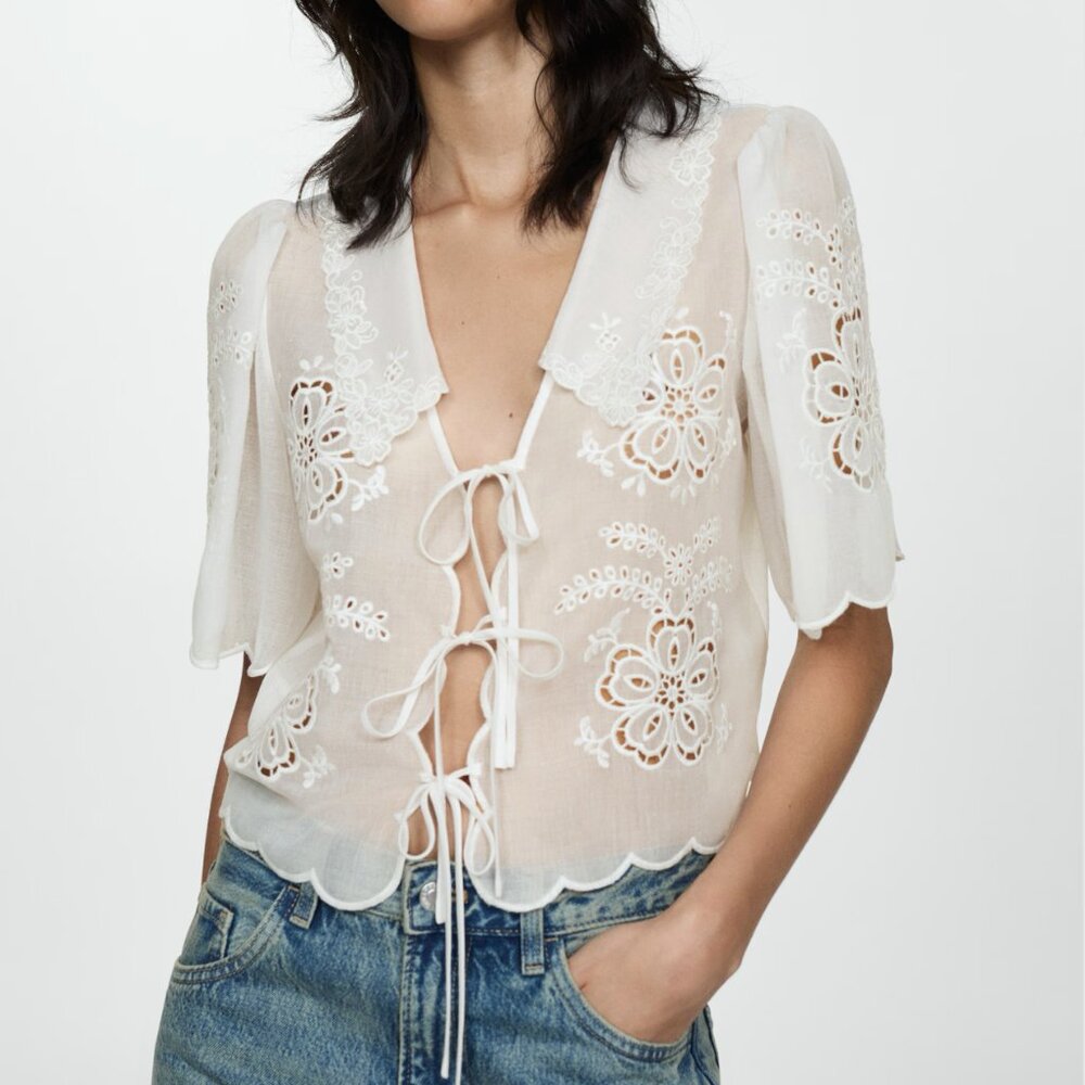 Mango Embroidered blouse with bows NWT